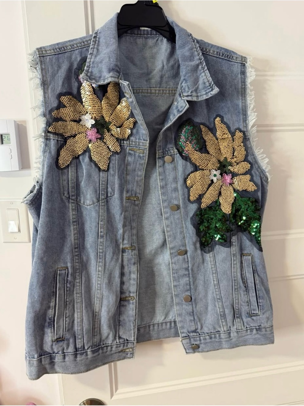 Rado Light Blue Denim Jean Vest with Gold Sequin Floral Appliqué